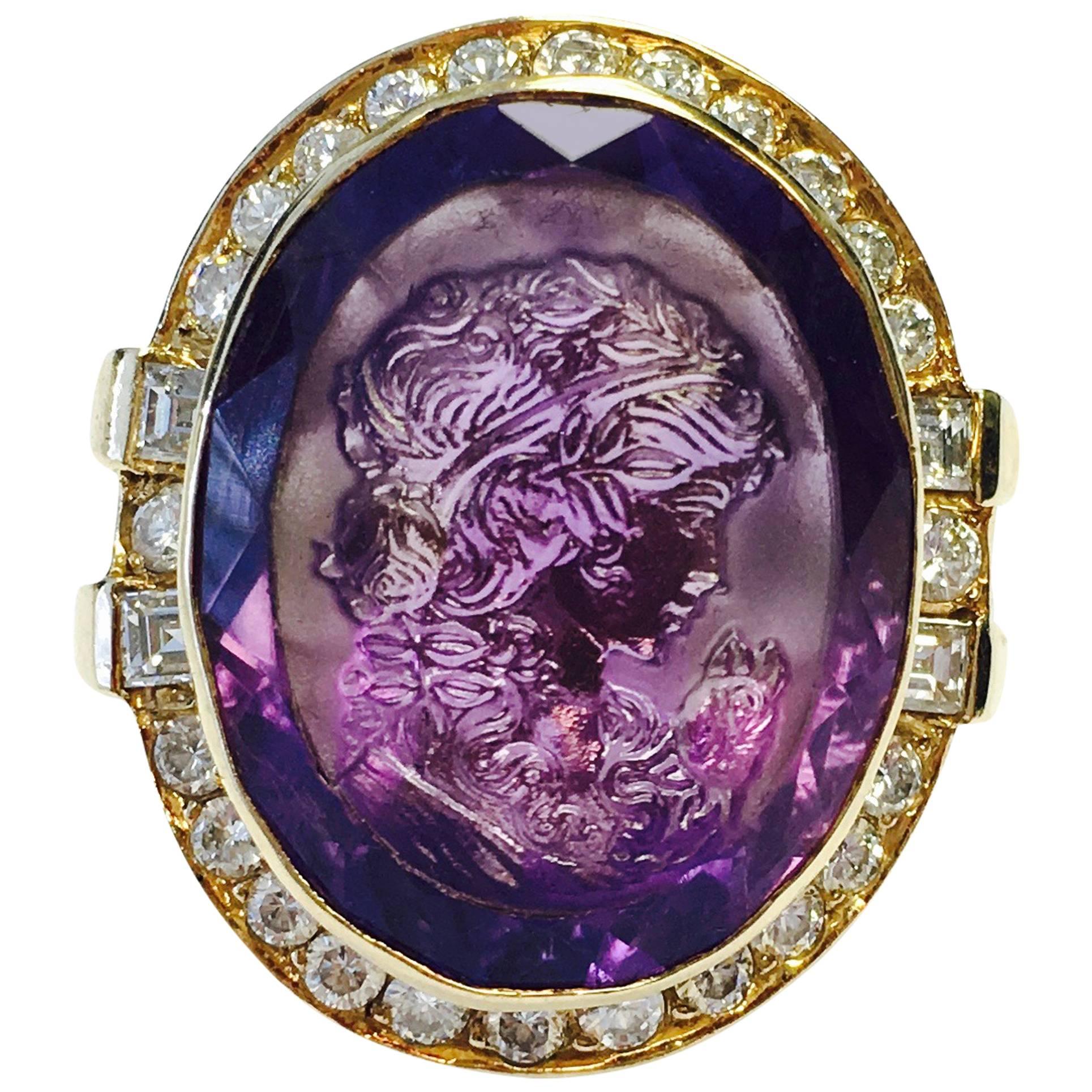 Large Carved Cameo Amethyst and Diamond Ring