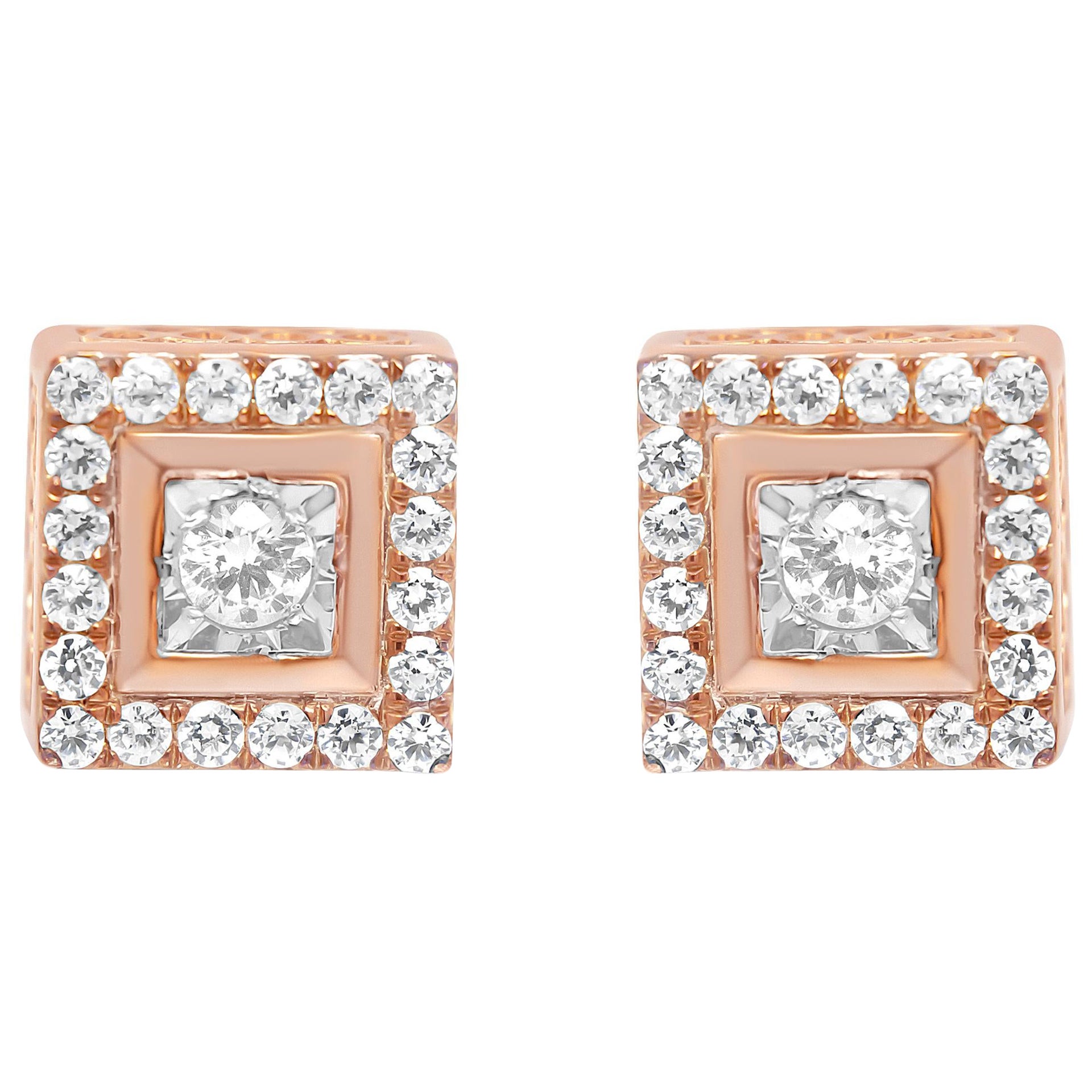 Orecchino con montatura quadrata a forma di aureola di diamanti da 1/2 carato in argento placcato oro rosa 14K
