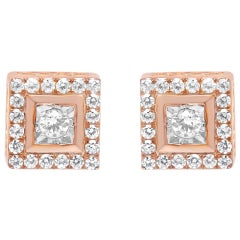 14K Rose Gold Plated Silver 1/2 Ct Diamond Halo Square-Shaped Frame Stud Earring