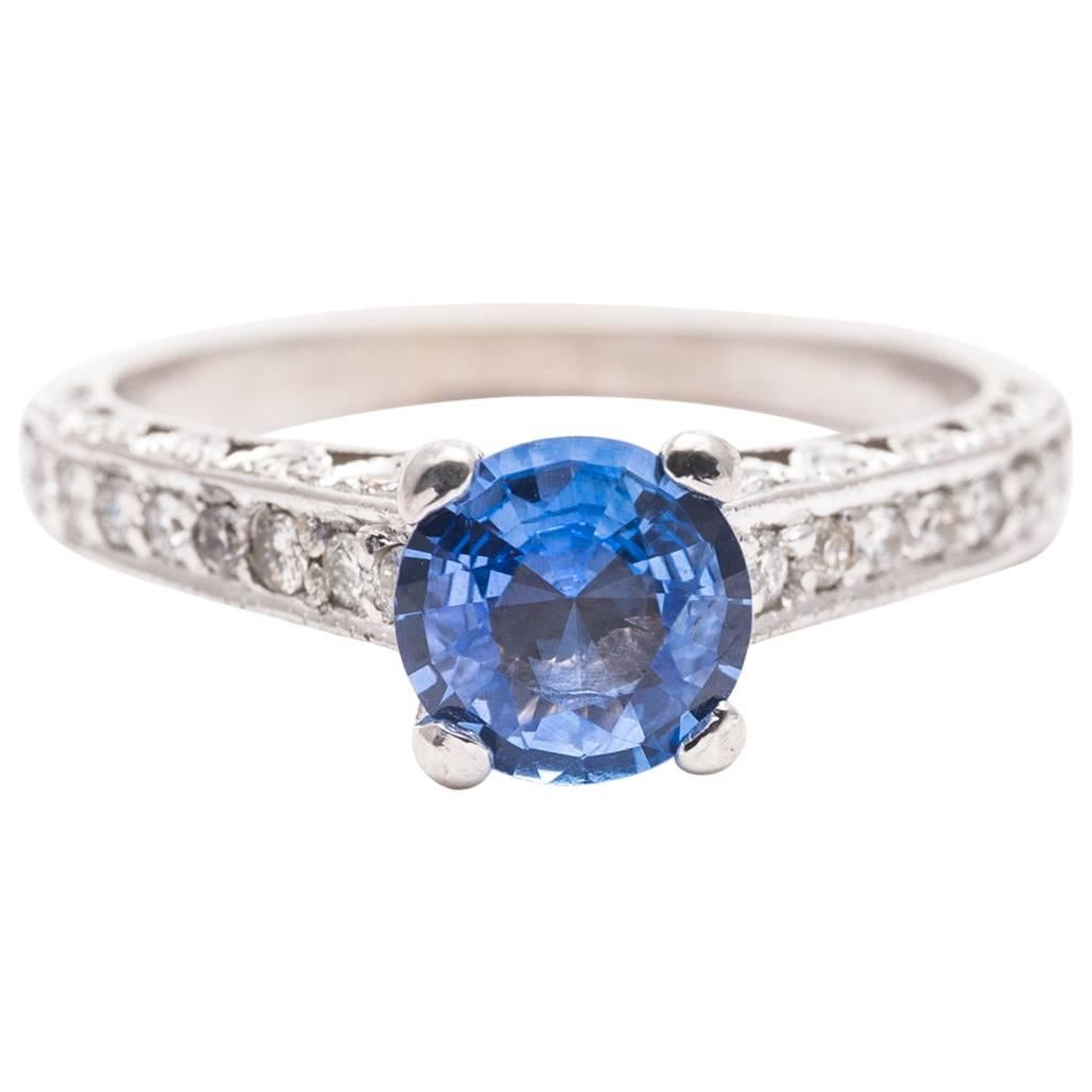 Pave Set Sapphire and Diamond Engagement Ring in White Gold For Sale