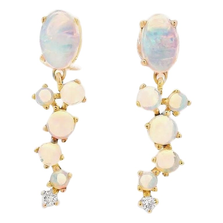 A Pair of Opal and Diamond Drop Stud Earrings in 18 Karat Yellow Gold
