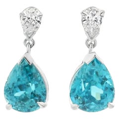 7.27 ct Zircon bleu et diamant Boucles d'oreilles poire sur poire Platine