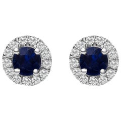 10K White Gold 3.25x3.25mm Blue Sapphire and 1/10 Cttw Diamond Halo Stud Earring