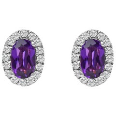10K Weißgold 5x3 MM Oval Lila Amethyst und Diamant Halo-Ohrstecker