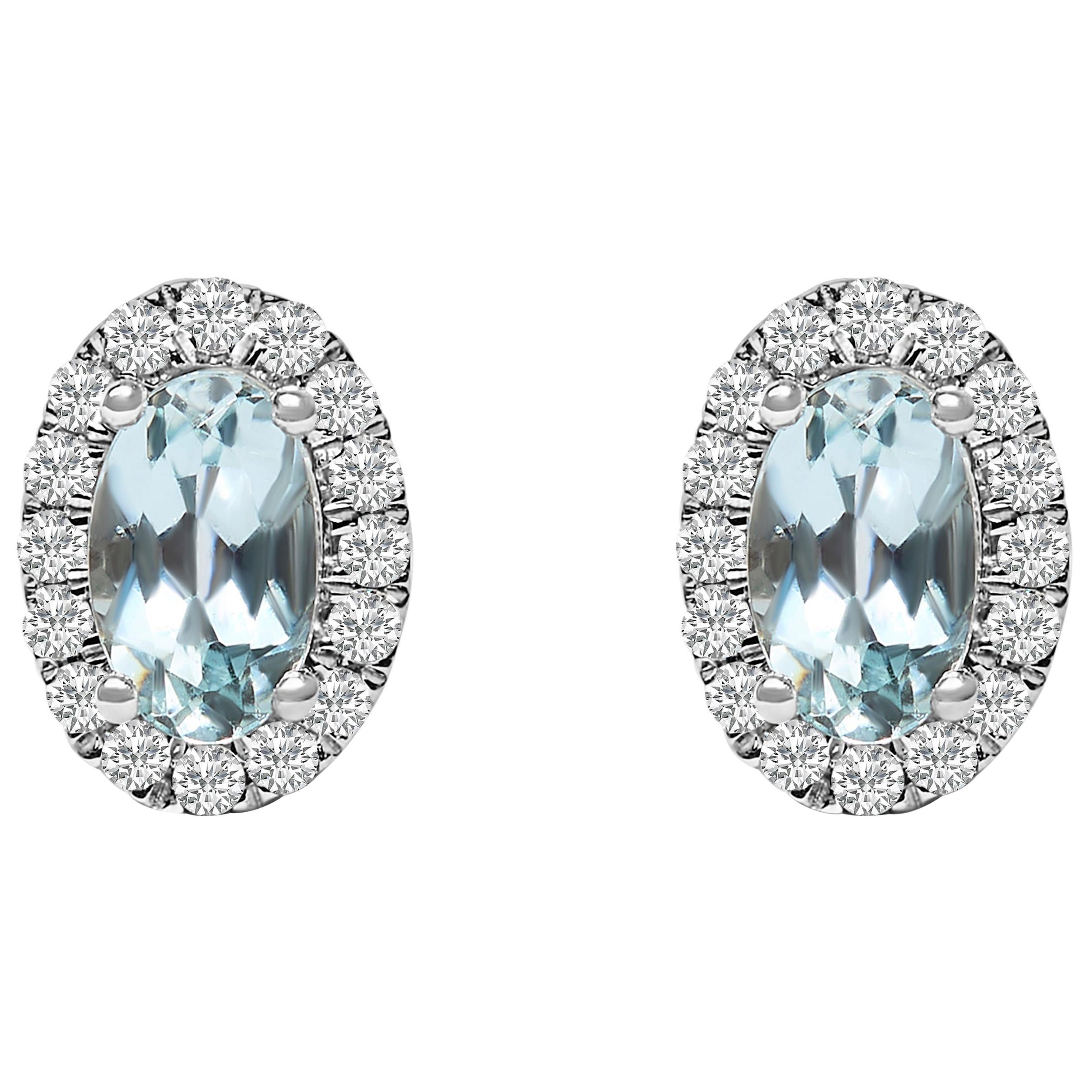 10K White Gold 5x3 MM Oval Blue Aquamarine and Diamond Halo Stud Earrings