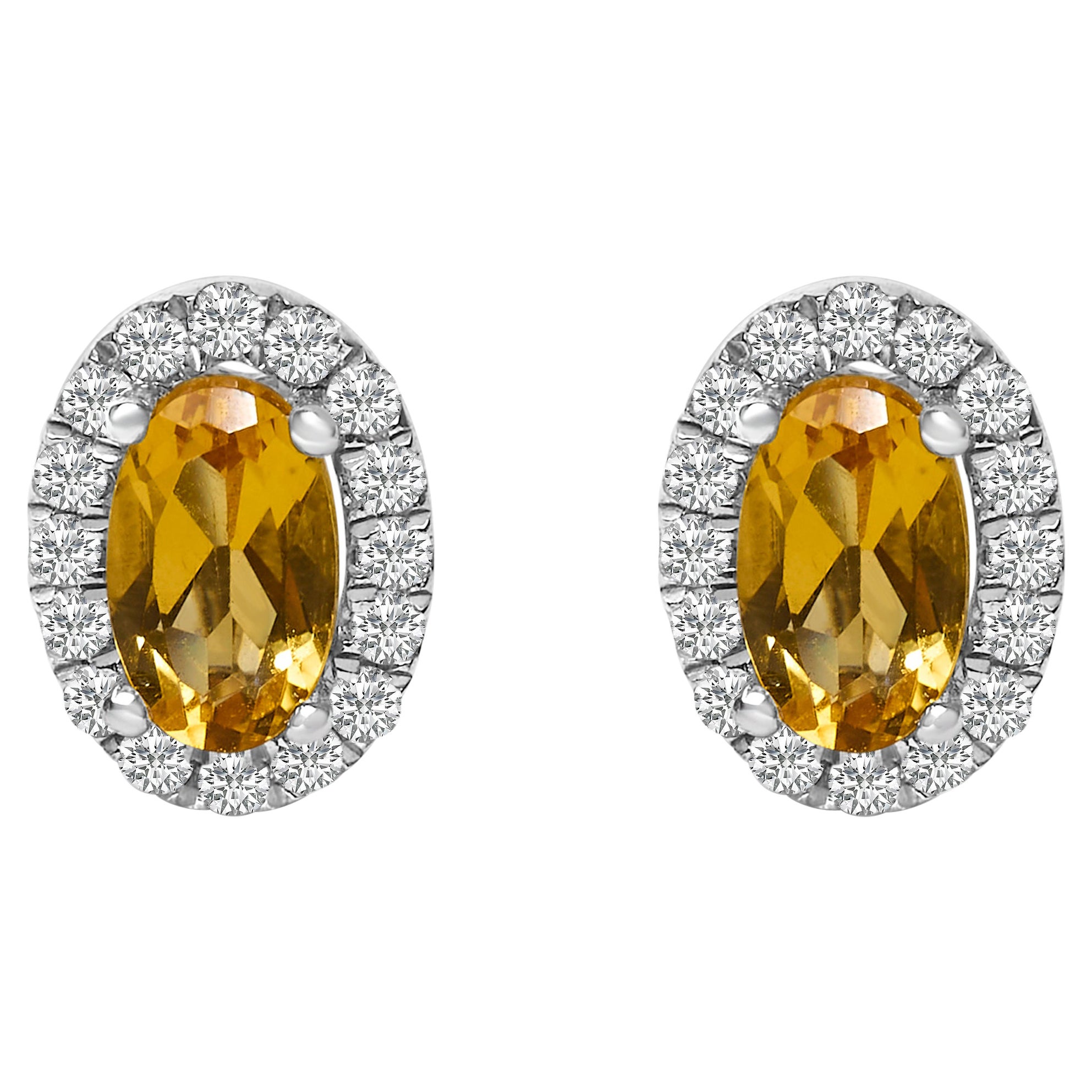 10K White Gold 5x3 MM Oval Yellow Citrine and Diamond Halo Stud Earrings