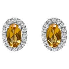 10K White Gold 5x3 MM Oval Yellow Citrine and Diamond Halo Stud Earrings