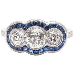 Vintage Vivid  Sapphire and Diamond Engagement Ring in Platinum