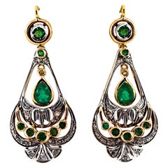 Art Deco Style White Rose Cut Diamond Emerald Yellow Gold Lever-Back Earrings
