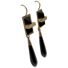 Art Deco Black Onyx Torpedo Dangle Earrings 14 Karat Gold 2.75 Inch