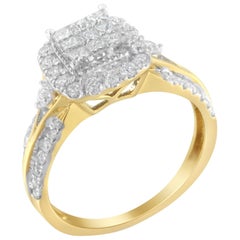 10K Yellow Gold 1.0 Cttw Diamond Composite Halo 3-Band-Look Engagement Ring