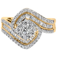 14K Yellow Gold 1.0 Cttw Diamond Floral Cluster Engagement Ring Triple Row Band