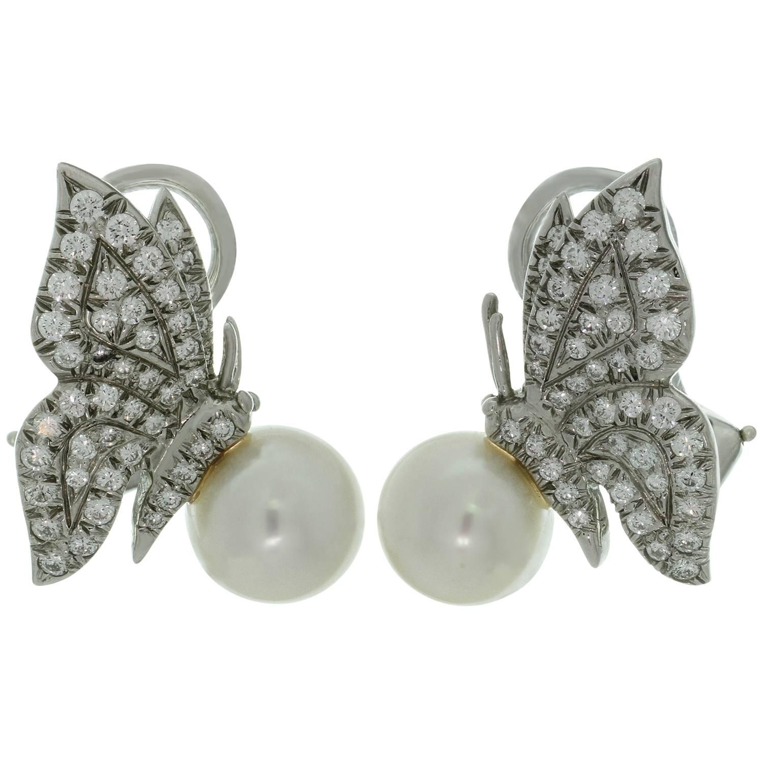 Tiffany & Co. Diamond Pearl Platinum Butterfly Clip-on Earrings