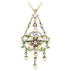 Pearl Diamond Enamelled Gold Brooch Pendant 1