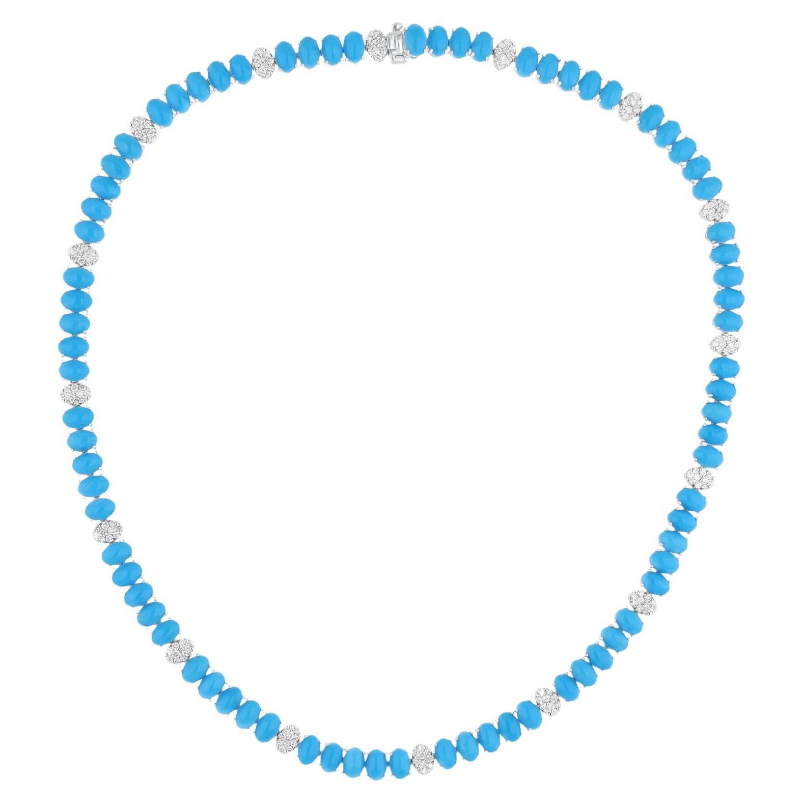 Natural 31.61 Carats Oval Turquoise 1.8 Carats SI/H Diamond 14k White Gold Chain