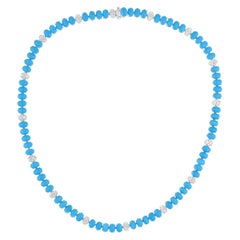 Natural 31.61 Carats Oval Turquoise 1.8 Carats SI/H Diamond 14k White Gold Chain