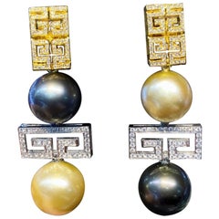 Git Certified Golden South Sea Tahitian Pearls Diamonds 18k Gold Earrings