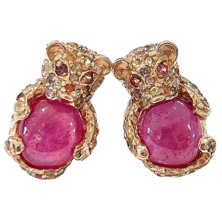Pendientes Bochic "Orient" de rubí rojo y zafiro múltiple engastados en oro de 18 quilates y plata