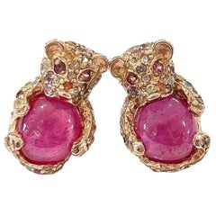 Bochic “Orient” Red Ruby & Multi Sapphire Earrings Set In 18K Gold & Silver