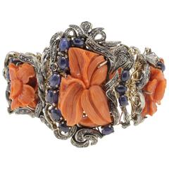 Luise Diamonds Blue Sapphires Coral Gold and Silver Bracelet 5