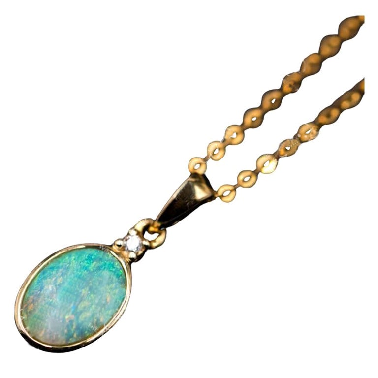 Minimalist Oval Australian Solid Opal & Diamond Pendant Necklace 18k Yellow Gold