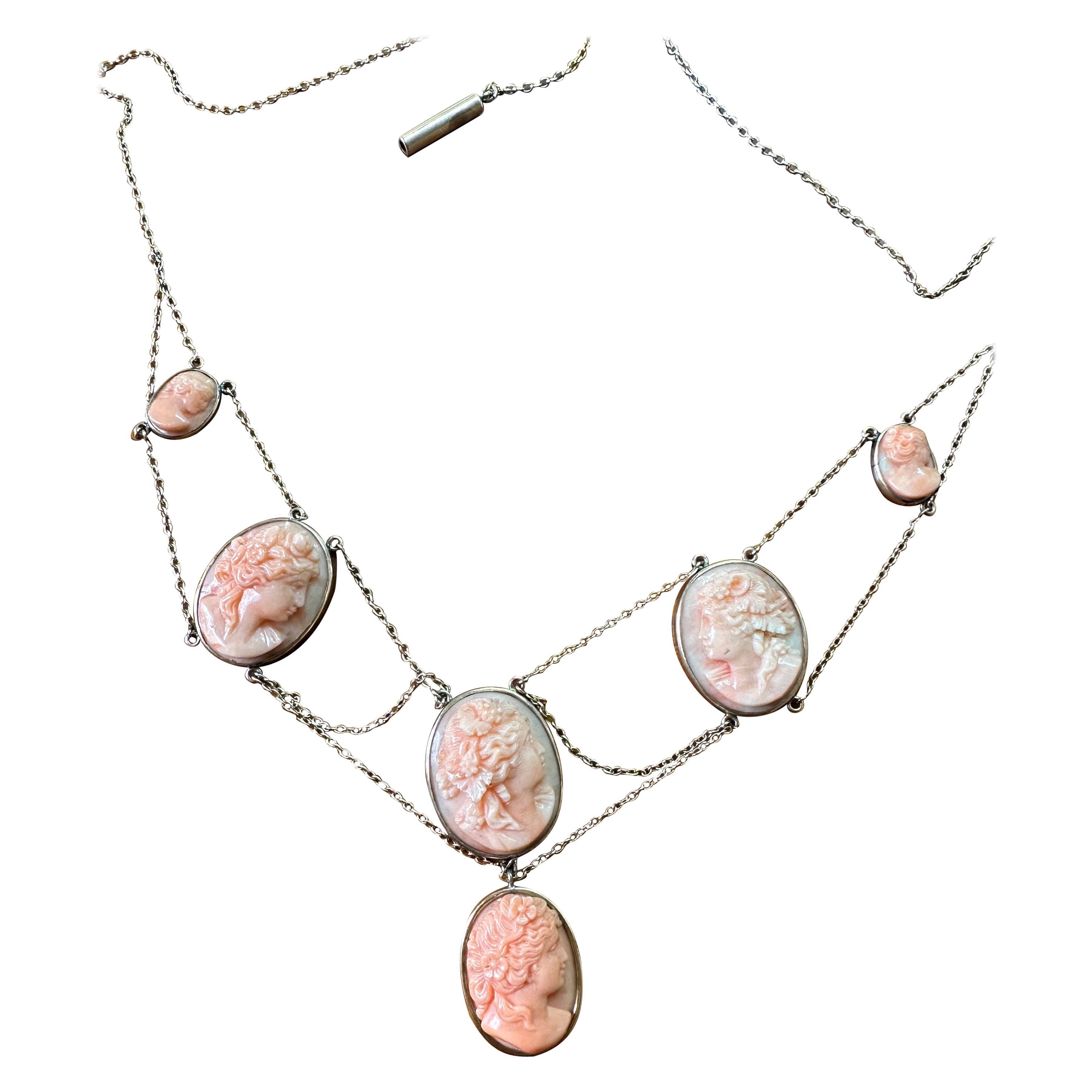Victorian Coral Cameo Festoon Necklace 14 Karat Gold Neoclassical Goddess Maiden