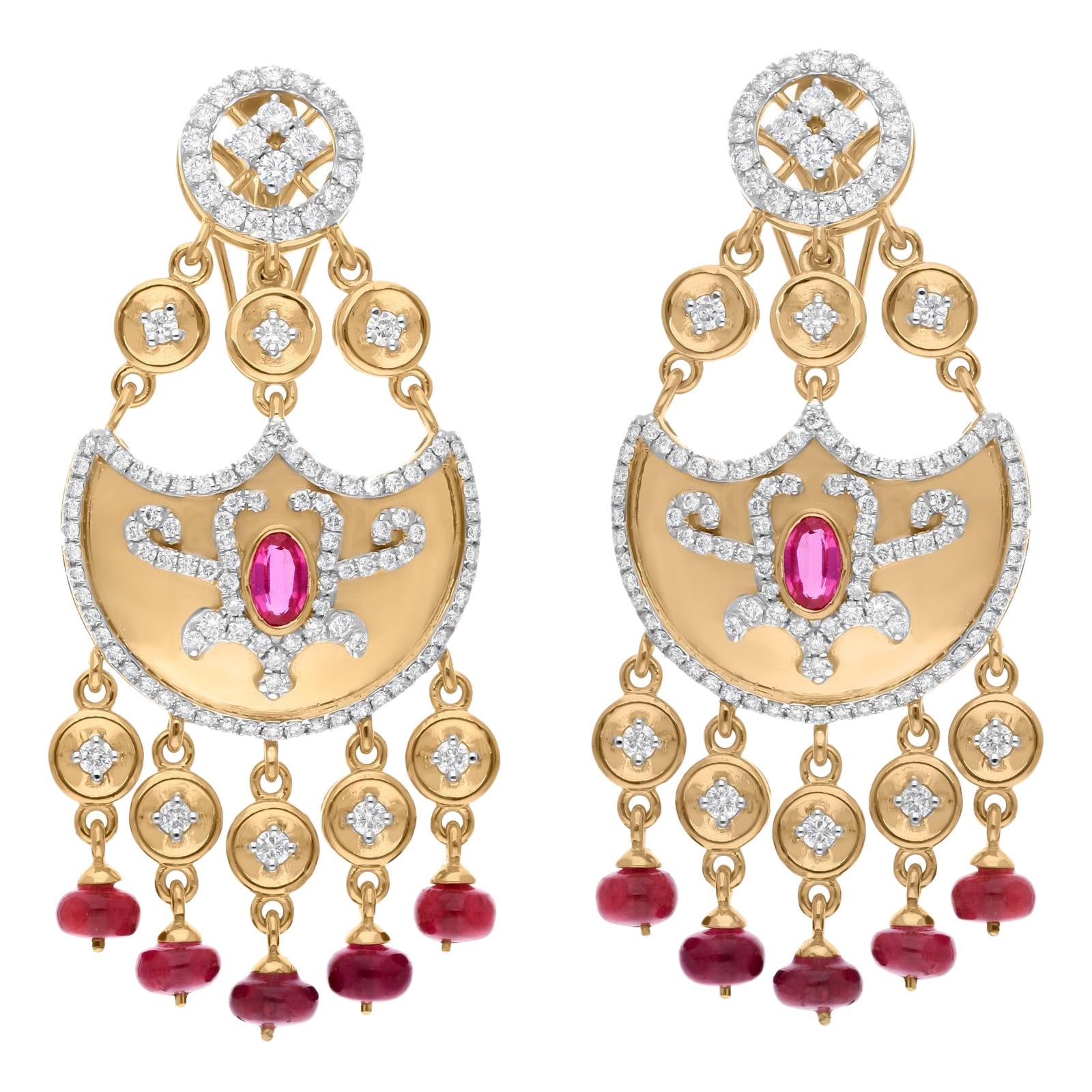 Red Gemstone Dangle Earrings SI/H Round Diamond 14 Karat Yellow Gold Jewelry For Sale