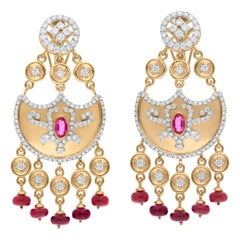 Pendientes Colgantes de Piedra Roja SI/H Diamante Redondo Joyas de Oro Amarillo de 14 Kilates