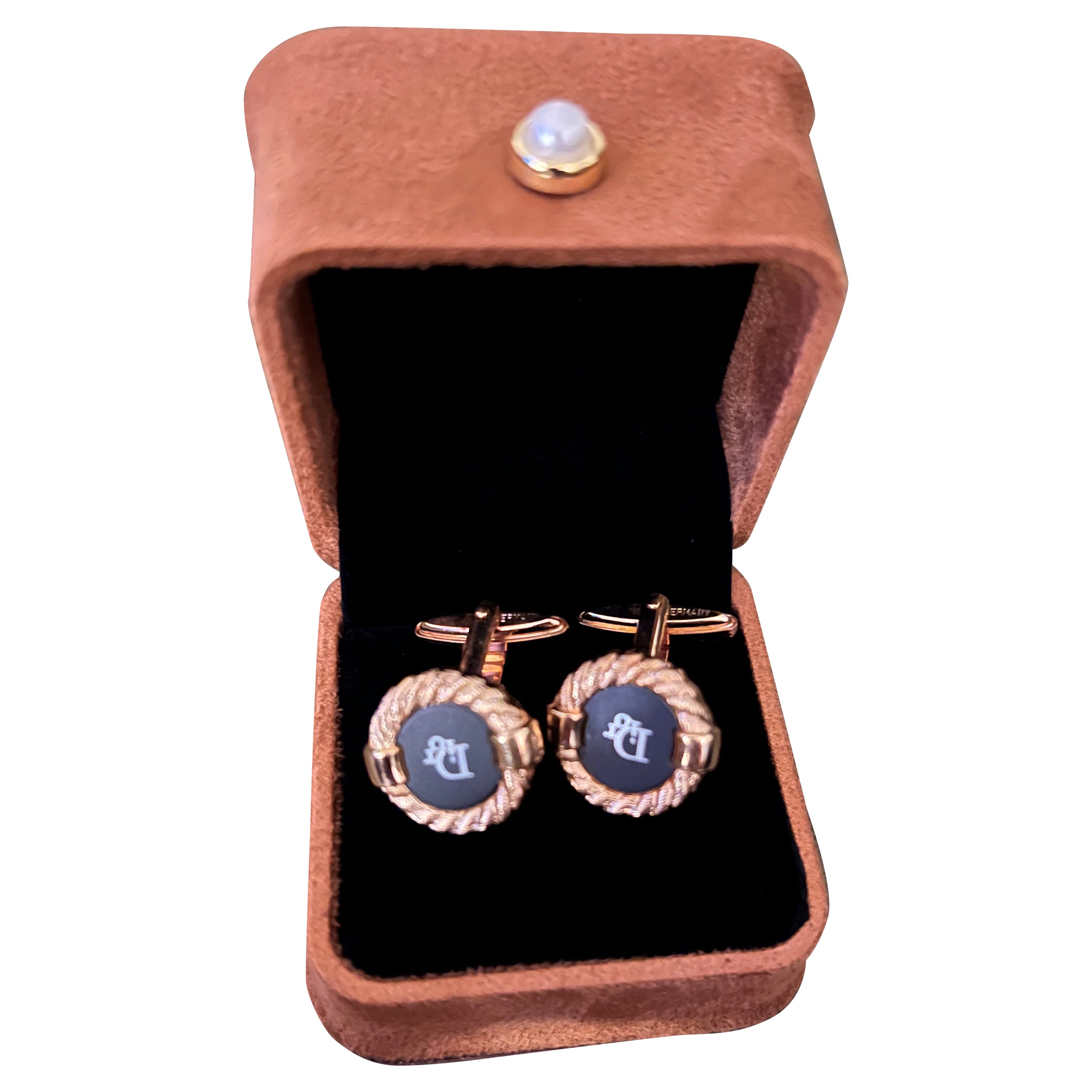 Vintage Christian Dior Gold Plate & Onyx Cufflinks “Circa 1980” In Bochic Case