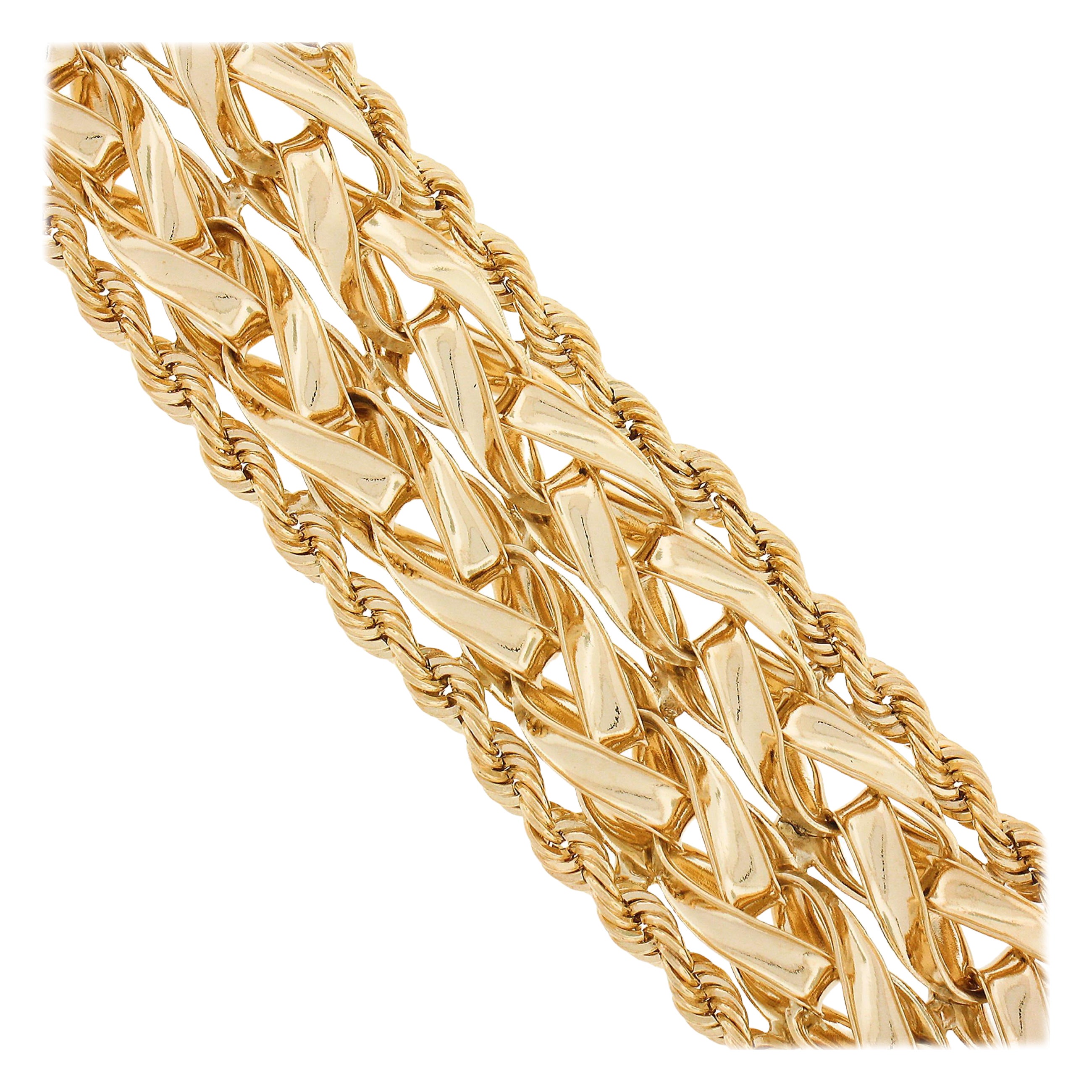 Vintage 14k Yellow Gold 20mm Wide Dual Braided Rope Link Chain 6" Strap Bracelet