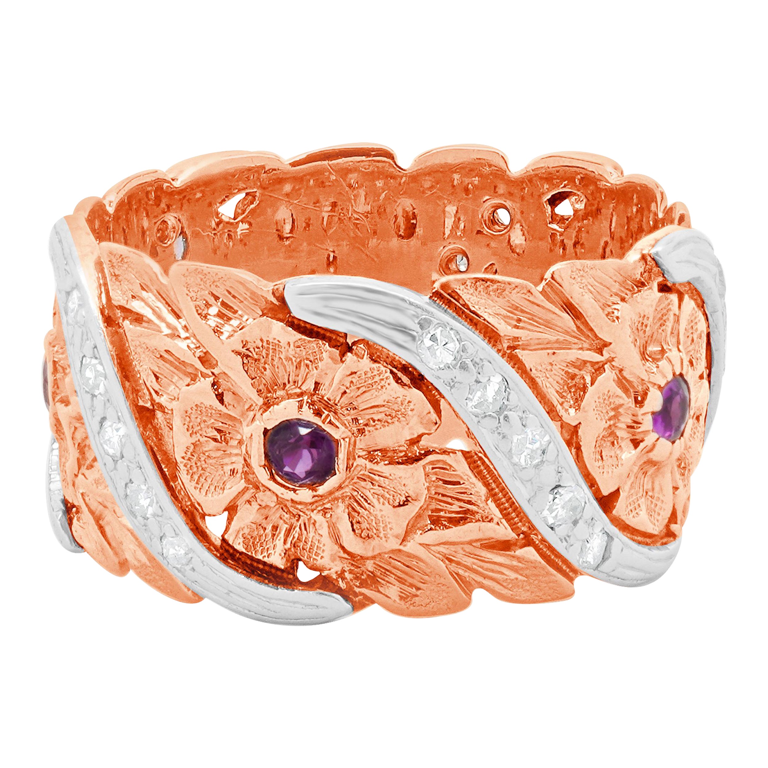 Platinum & 14 Karat Rose Gold Ruby and Diamond Flower Band