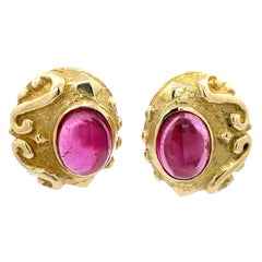 Katy Briscoe Cabochon Rubellite Earrings 18K Yellow Gold
