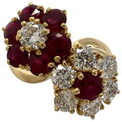 Rare Vintage Van Cleef & Arpels Ruby & Diamond Fleurette Flower 18k Gold Ring
