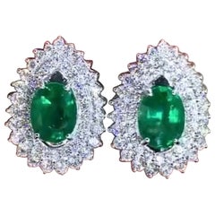 AIG Certified 9.50 Ct Zambian Emeralds 3.80 Ct Diamonds 18K Gold Earrings