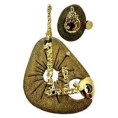 Vintage 18k Yellow Gold, Natural Rock, & Diamond, Brutalist Pendant & Ring Set