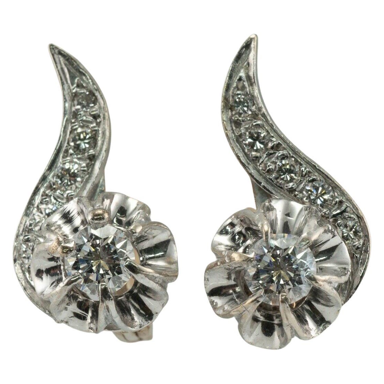 Diamond Earrings 14K Gold Russian Buttercup .74cttw USSR For Sale