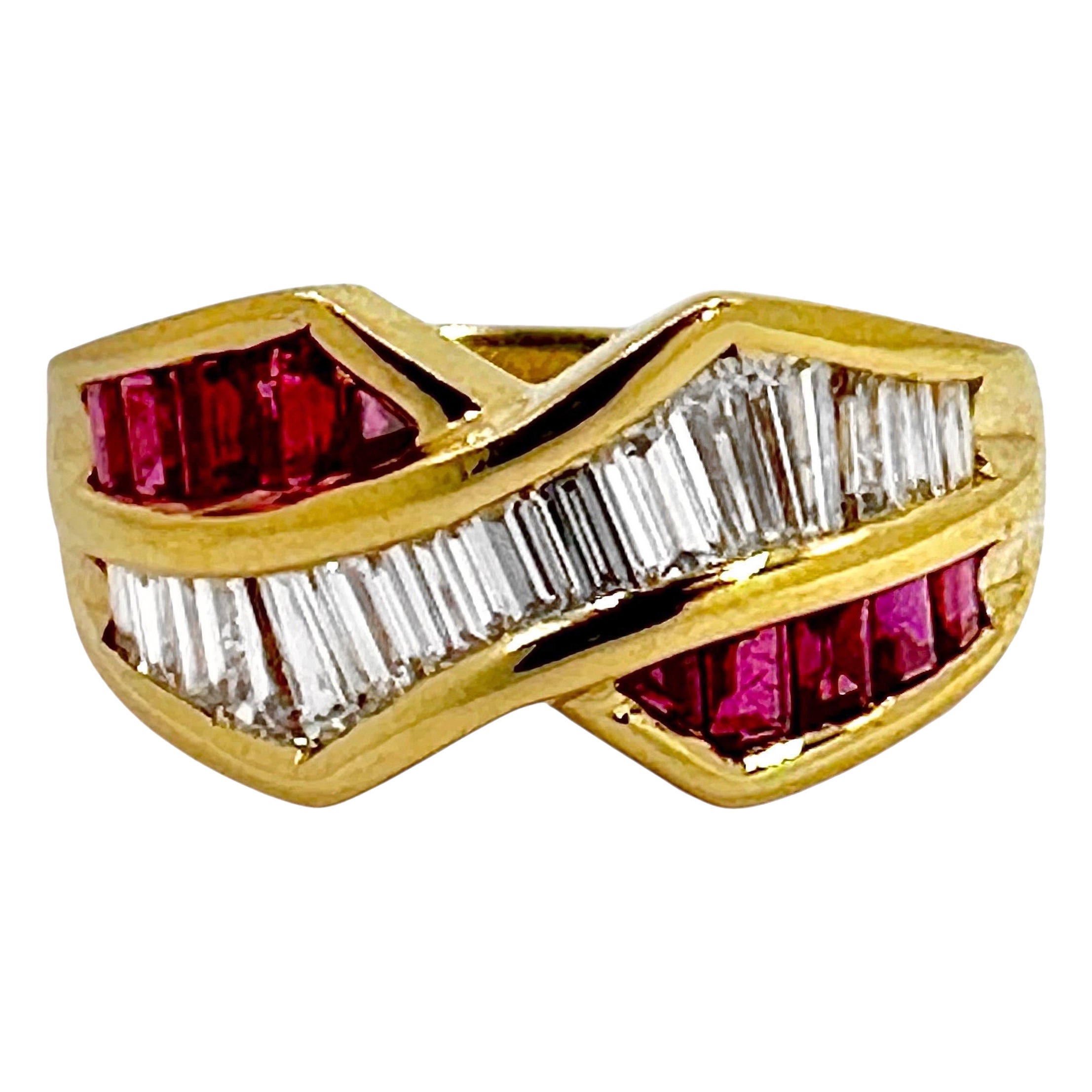 Edgy 18k Yellow Gold Late-20th Century Diamond and Ruby Baguette Band Style Ring