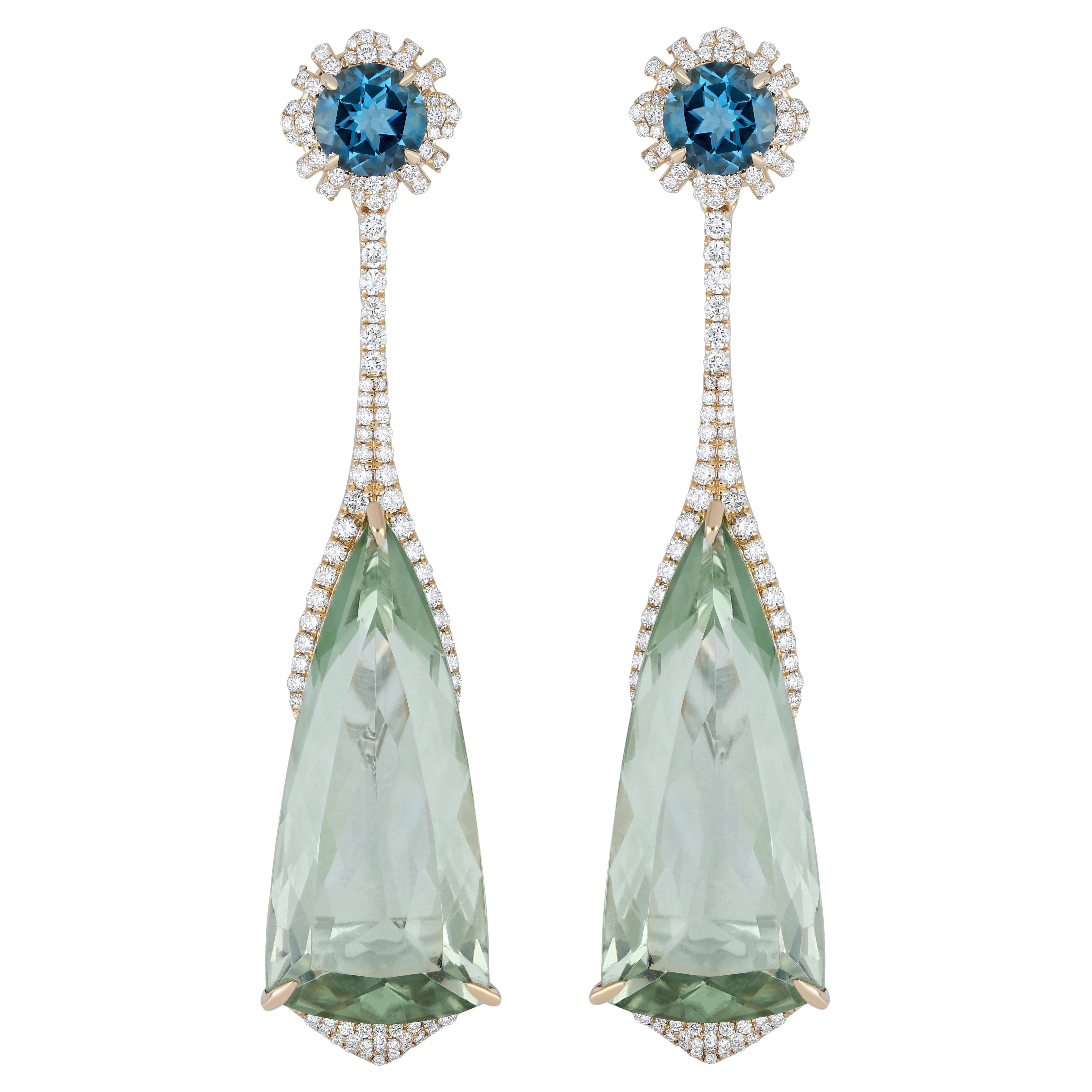 Mint Quartz, London Blue Topaz and Diamond Studded Earrings in 14k Yellow Gold