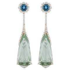 Mint Quartz, London Blue Topaz and Diamond Studded Earrings in 14k Yellow Gold