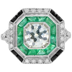 GIA Old Cut Diamond  Emerald Onyx Octagonal Shape Engagement Ring in 18k Gold