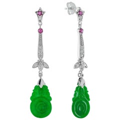 Orange Fruit Carved Jade Diamond Ruby Vintage Style Earrings in 9K White Gold