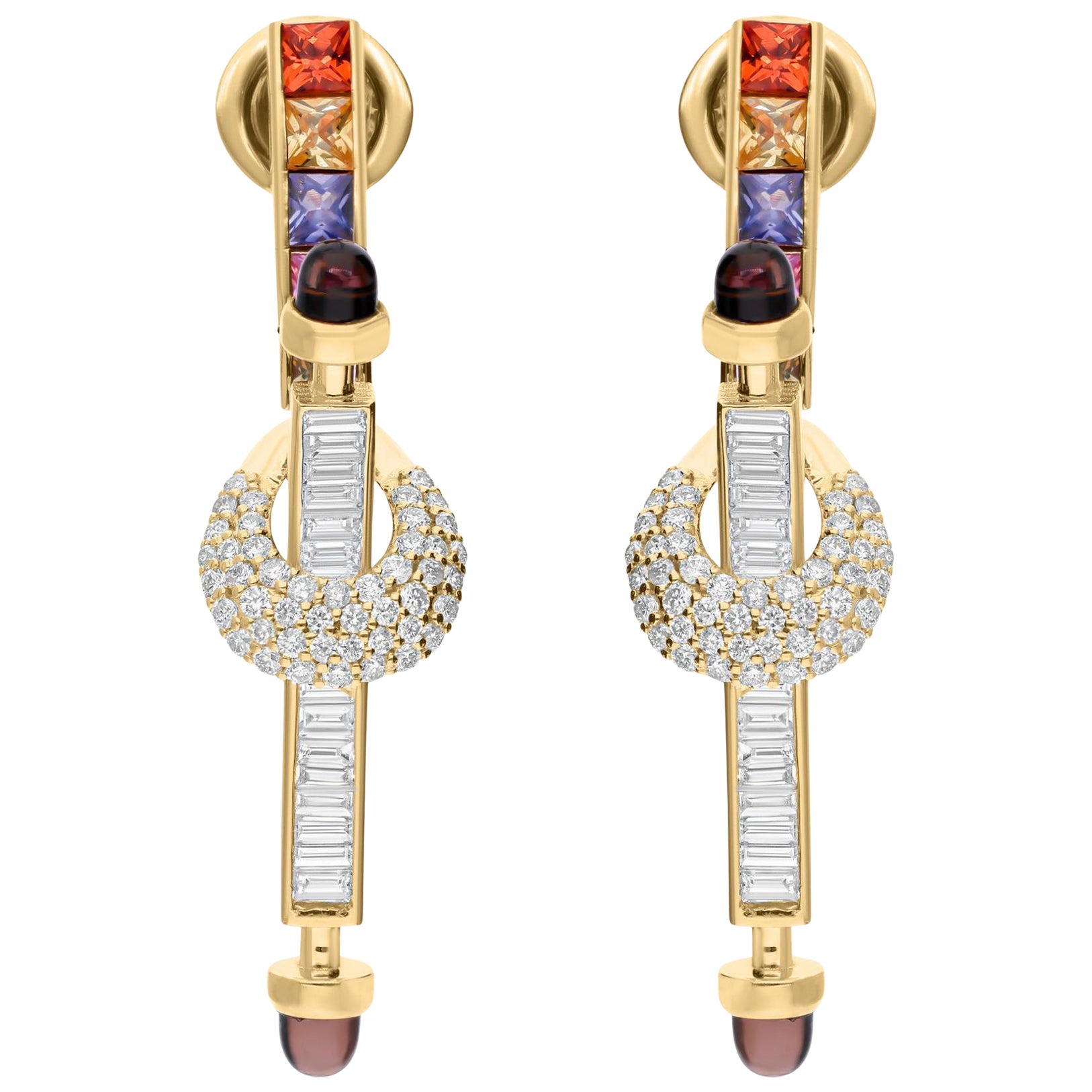 Real Multi Sapphire Smokey Earrings SI/H Diamond 14 Karat Yellow Gold Jewelry For Sale