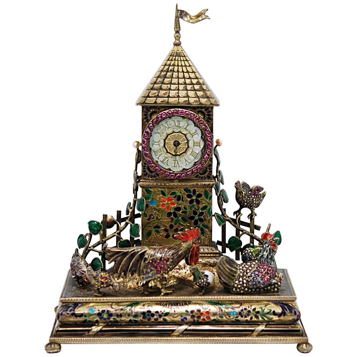 Viennese Jeweled Silver Gilt Tower Clock with Barnyard Animals in the Foreground