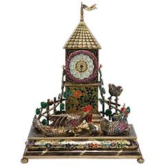 Antique Viennese Jeweled Silver Gilt Tower Clock with Barnyard Animals in the Foreground