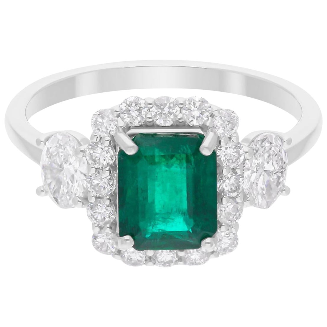 Zambian Emerald Ring SI/H Oval Round Brilliant Cut Diamond 14 Karat White Gold