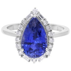 Vero anello con gemma di zaffiro blu pera SI/H Diamond Gioielli in oro bianco 14 carati