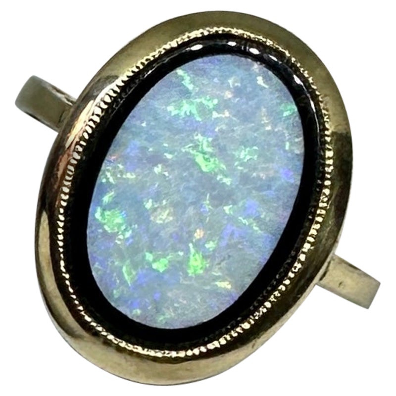 Arte Antiques Bague Opale Onyx Noir 14 Karat Gold Antique en vente