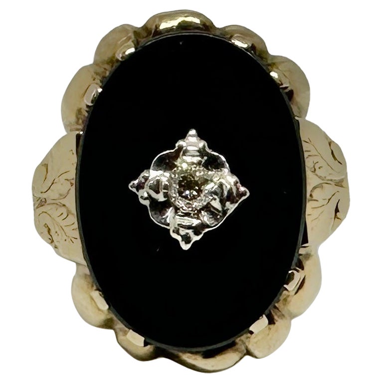Art Deco Old Mine Cut Diamond Black Onyx Ring Victorian 14 Karat White Rose Gold
