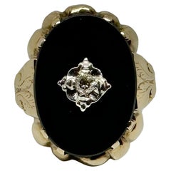 Art Deco Old Mine Cut Diamond Black Onyx Ring Victorian 14 Karat White Rose Gold
