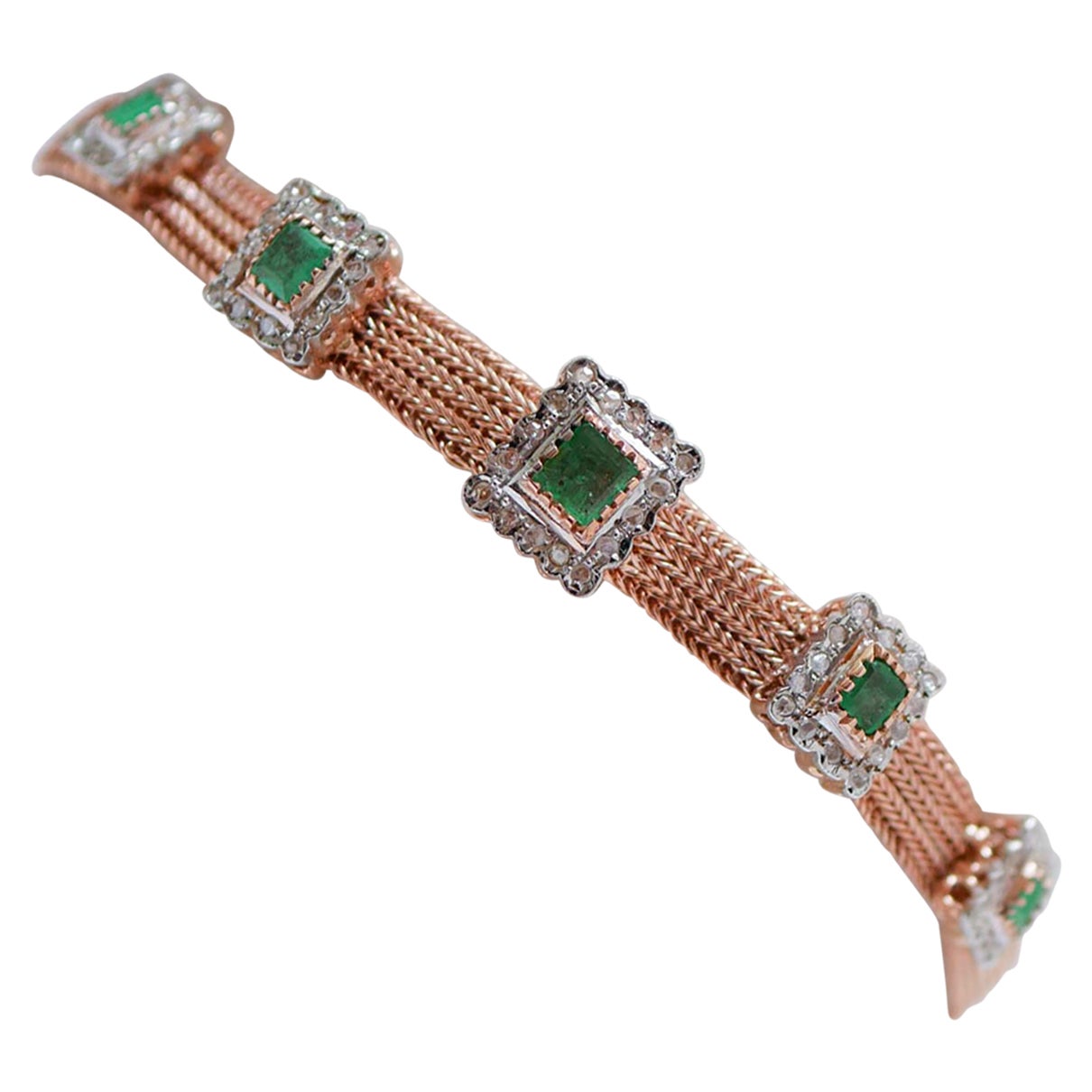 Emeralds, Diamonds, 14 Kt Rose Gold, 9 Kt Rose Gold and Silver Bracelet.